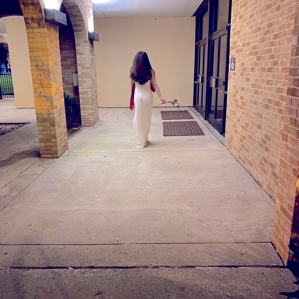 Belle Badgley Mischa White Formal Gown.  Side slit and high neck